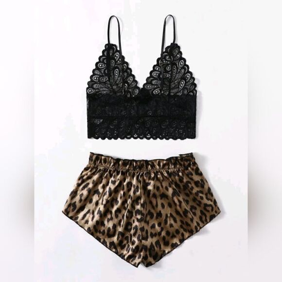 Leopard Print Lace & Satin 2 Piece Cami Sleep Lingerie Set - Picture 2 of 6